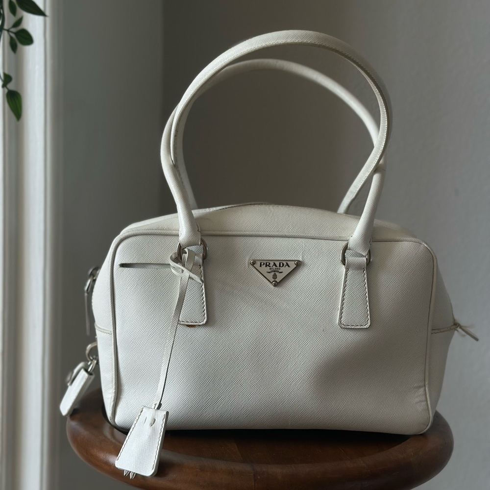 Prada Saffiano Leather Handbag Purse White Leather Top Handle